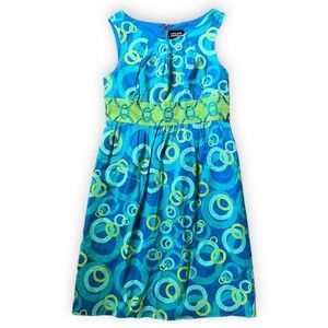 Adrianna Papell Blue & Green Circles Cotton Shift Dress Size 10 Colorful Bright